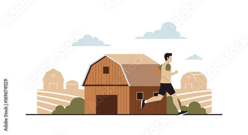 Athlete Jogging Past Barn at Sunset Depicting Rural Life and Fitness Activity