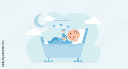 Adorable Baby Boy Resting In A Crib, Surrounded By Stars And Clouds At Night