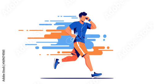 Athlete Jogging While Listening To Music, Promoting Healthy Lifestyle, Vector Illustration