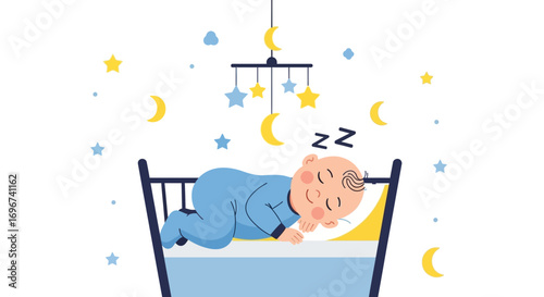 Adorable Baby Sleeping Peacefully In A Crib Under The Night Sky Decorations
