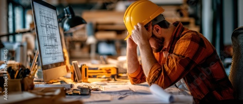 The Construction Engineer Overwhelmed by Tight Deadline and Stress at Office Desk