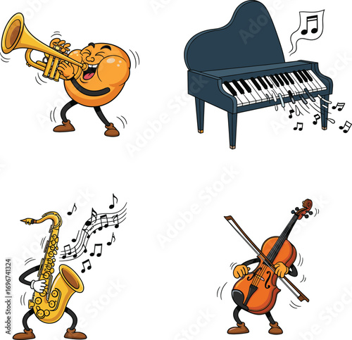 Cartoon musical instruments characters playing trumpet, piano, saxophone, and cello with music notes, fun kids music education vector illustration design
