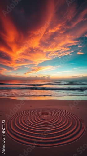 Sand circle art on beach at sunset with vibrant orange and blue sky and gentle ocean waves rolling in