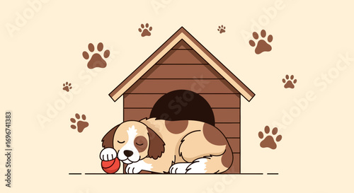 Adorable Canine Resting Peacefully Inside Kennel, Surrounded by Paw Prints, Happy Moment