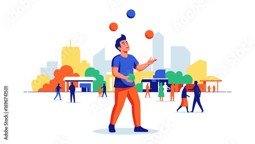 Artful Juggler Amidst Urban Charm: An illustrated juggler showcases their skill with colorful balls, set against the backdrop of a modern cityscape, creating a visually engaging and dynamic scene.