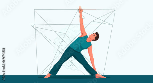 Athlete Performing Yoga Pose with Geometric Design and Illustration Seamlessly Integrated