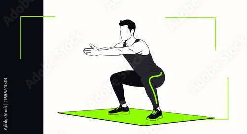 Athlete Performing Squat Exercise on Mat in Minimalist Style with Green Accent Border