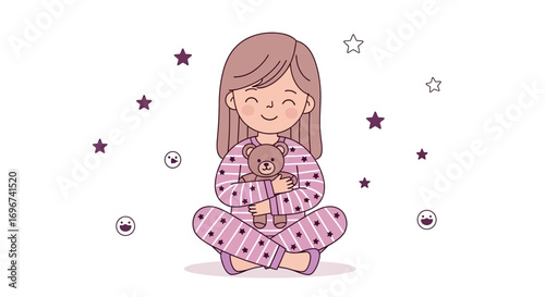 Adorable Cartoon Girl in Pajamas Holding Teddy Bear with Celestial Elements