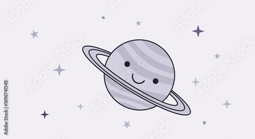 Adorable Cartoon Space Saturn Floating Among Sparkling Stars In The Universe
