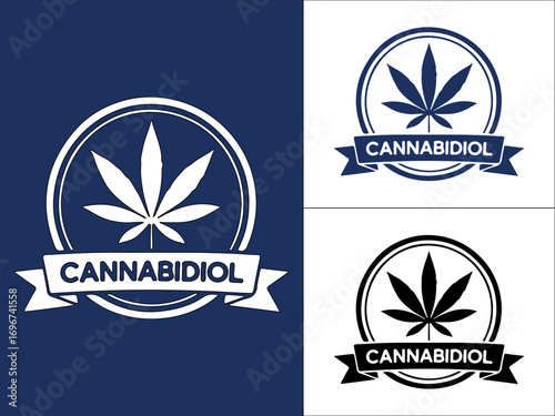 Cannabidiol logo design featuring a cannabis leaf emblem in a circular badge Vector