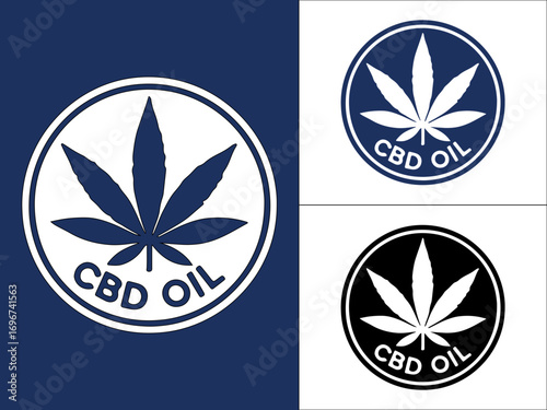 CBD oil logo design featuring a cannabis leaf in a circular emblem on blue background Vector