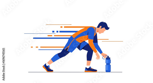 Athlete Reaching For Water Bottle After Exercise Recovering, Illustration, Vector Concept