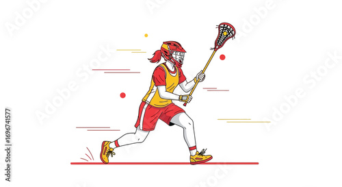 Athlete Playing Lacrosse, Energetic Action Portrait, Illustrated Digital Artwork On White
