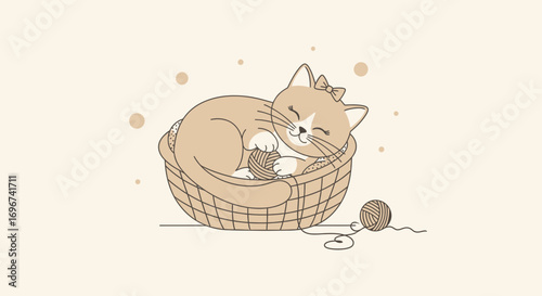 Adorable Feline Lazing in Woven Basket with Yarn, Expressing Serene Contentment