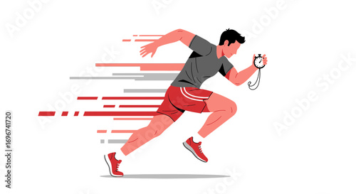 Athlete Running With Stopwatch Measuring Time, Minimalistic Style Showing Velocity And Efficiency