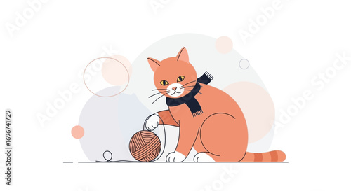 Adorable Feline with Cozy Scarf Plays Delighted with Playful Yarn in Charming Scene
