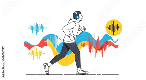 Athlete Runs With Wireless Headphones, Listening To Music Against a Colorful Sound Graphic