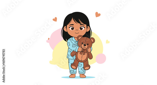 Adorable Girl Embracing Teddy Bear: Sweet Illustration of Friendship and Childhood