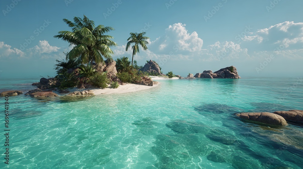 Naklejka premium Deserted tropical island with turquoise waters, golden sand, and palm trees swaying in the breeze, offering a tranquil vacation spot