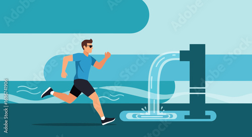 Athlete Sprinting Past Water Feature, Symbolizing Health, Energy, And Urban Lifestyle