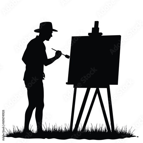 Silhouette of a man painting outdoors on a white background