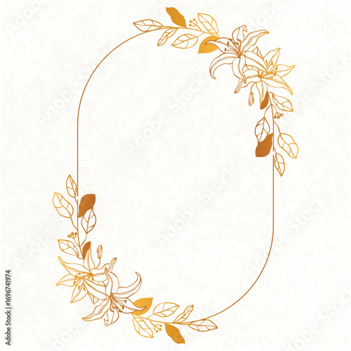 Elegant Summer time border frame. Golden Lily flowers Background Illustration. Garden line flowers frame.