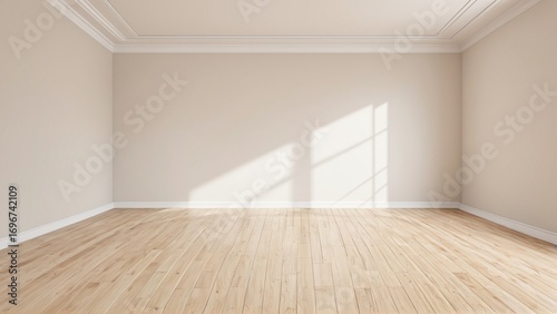 Bright and minimalist empty room featuring light wooden floors and clean, neutral-toned walls