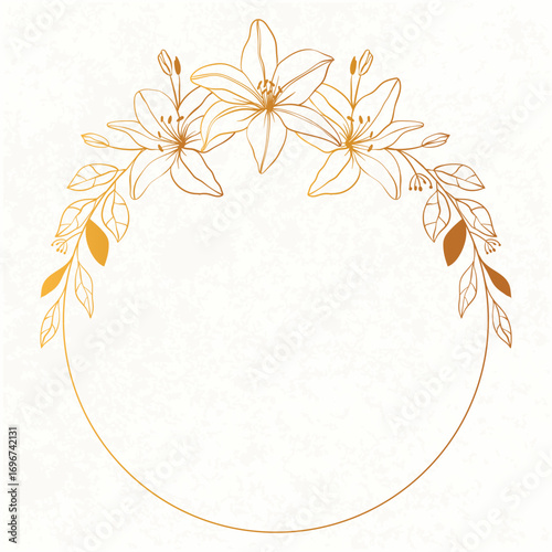 Elegant Summer time border frame. Golden Lily flowers Background Illustration. Garden line flowers frame.