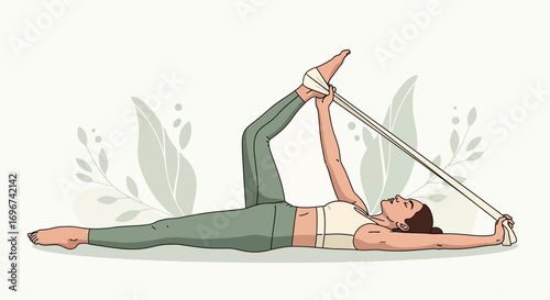 Athletic Woman Practices Stretching Exercises With Strap For Flexibility And Wellness