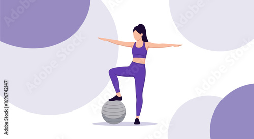 Athletic Woman With Gym Ball Exercising in a Minimalist Illustration Concept