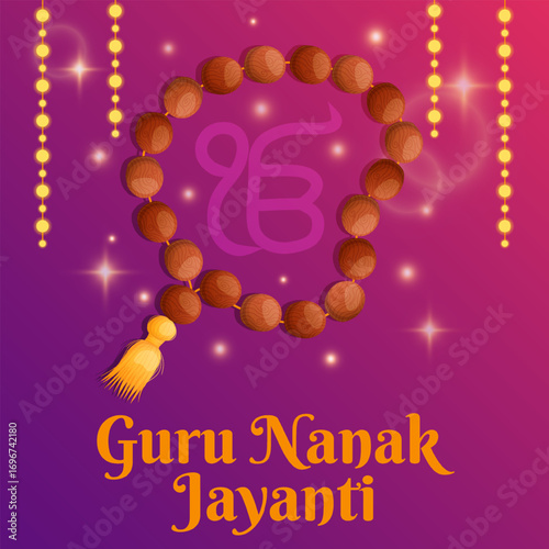 Guru Nanak celebration banner with prayer beads and  Sikh symbol Ik Onkar. Indian religious festival background. Vector illustration