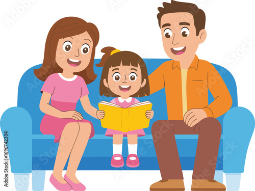 Happy family reading book together on couch, parents and daughter enjoying learning, early childhood education, love, bonding, cartoon illustration