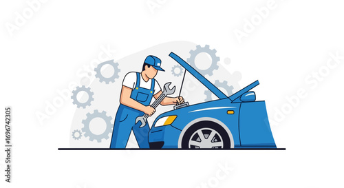 Automotive Technician Repairing Blue Car Engine for Service and Maintenance Purposes