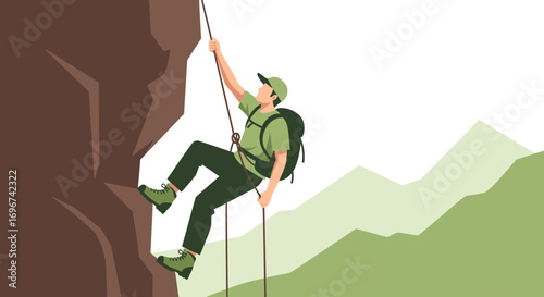 Adventurer Ascending Rock Face While Mountain Hiking, Overcoming Challenges and Achieving Goals