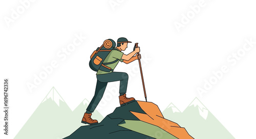 Adventurer Ascending, Reaching Altitude on Rugged Terrain Surrounded by Mountains