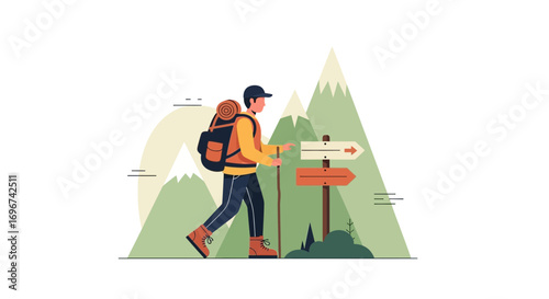 Adventurer Hiking With Backpack Observing Directional Sign Near Mountains And Scenic Route