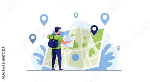 Adventurer Inspecting Map, Exploring Terrain, Seeking Directions, Planning Journey Ahead
