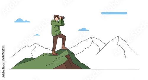 Adventurer Observing The Horizon, Exploring, And Achieving Goals While Using The Binoculars