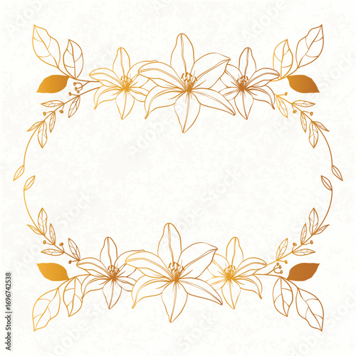 Elegant Summer time border frame. Golden Lily flowers Background Illustration. Garden line flowers frame.