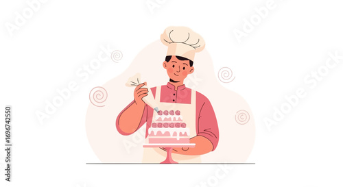 Baker Decorating A Cake With Cream, Perfect For Culinary, Bakery And Dessert Themes