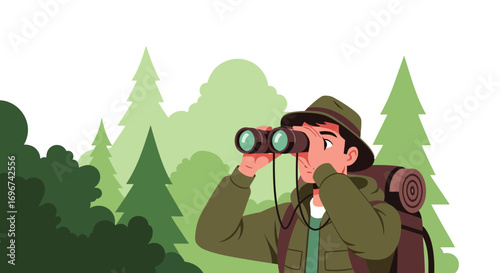 Adventurer Observing Wilderness With The Binoculars Focusing On Nature and Adventure