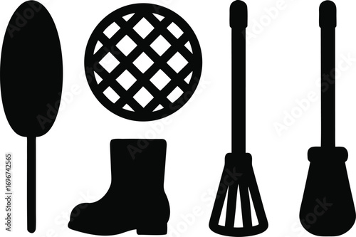 Set of simple black silhouettes of household cleaning tools and objects for design