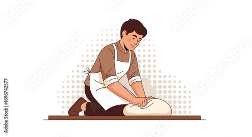 Baker Kneading Dough: A Young Person, Apron, On Knees, Baking, Preparation