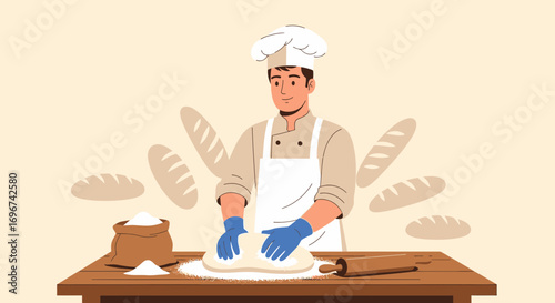 Baker Kneading Dough at Work: A Culinary Artisan Crafting Fresh Bread and Baking