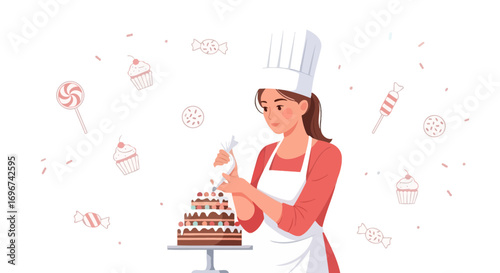 Baker Decorating A Multi-Layer Cake With Sweet Embellishments In Delightful Style