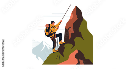 Adventurous Climber Ascends the Rock Face toward the Clear Sky: Vector Illustration