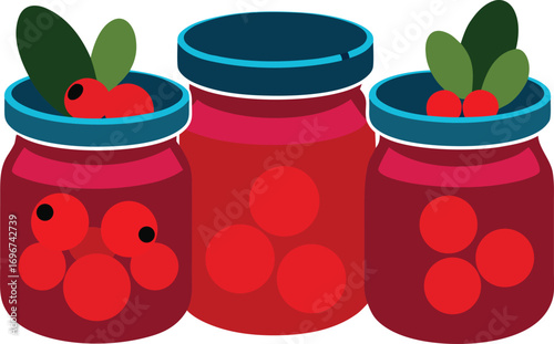 Four glass jars filled with delicious red berry jam preserves fresh homemade food