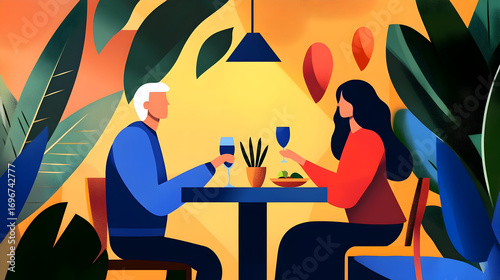 Two people are seated at a table enjoying drinks and dinner in a colorful tropical atmosphere