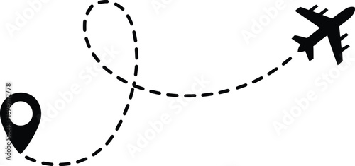 Airplane journey path from location pin simple line graphic icon