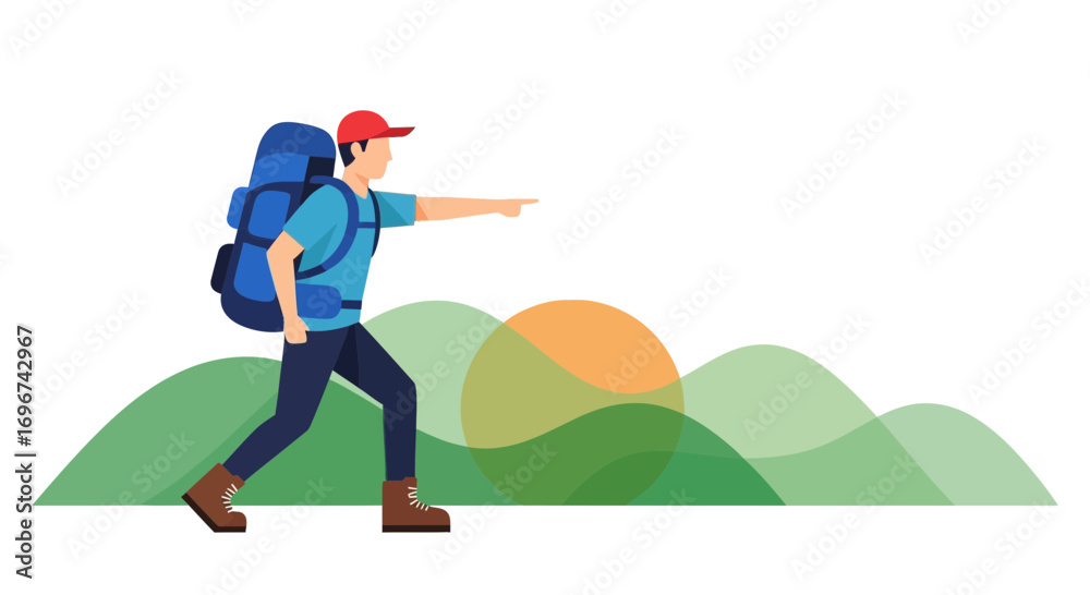 Fototapeta premium Adventurous Hiker Embarks On Trail With Backpack, Pointing Toward Vista and Setting Sun